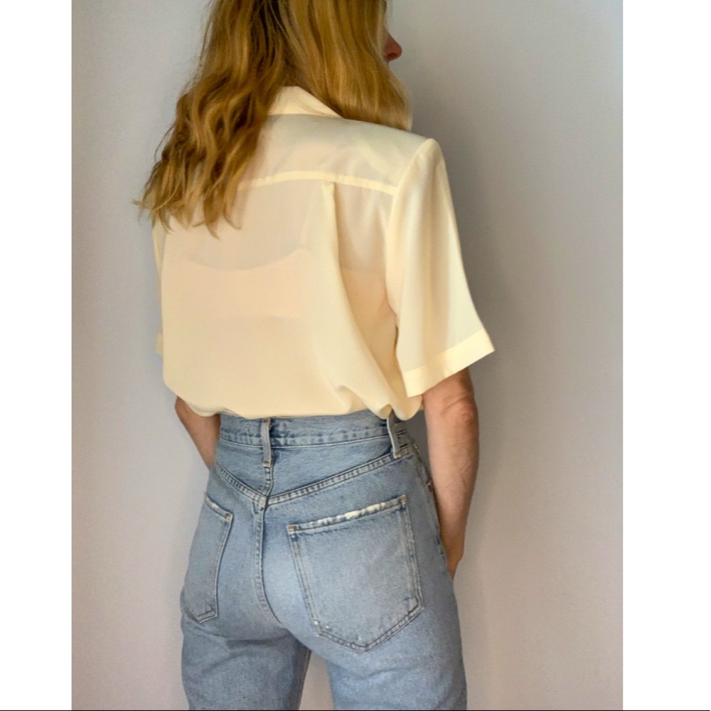 Vintage Pale Yellow Button-Down Pleated Blouse - image 5